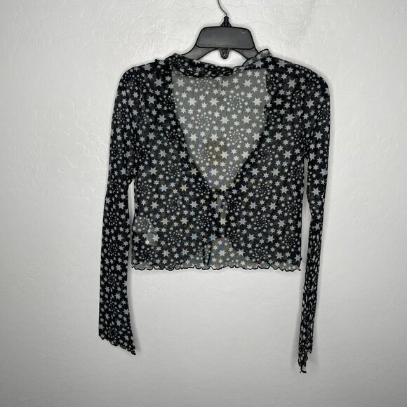 Free People Black White Star Print Marne Open Front Tie Mesh Top - Picture 4 of 9